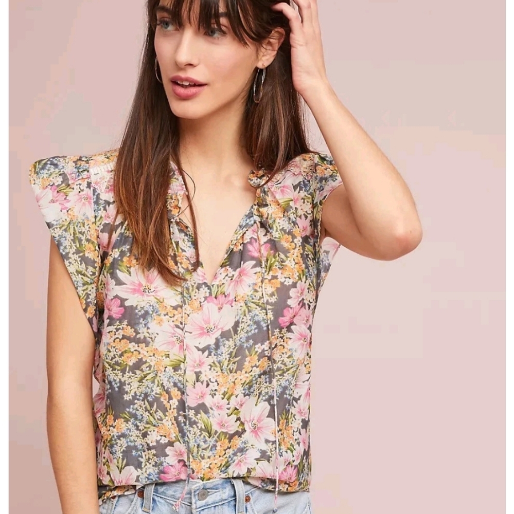 Anthropologie Ranna Gill Cotton-Silk Blend Floral Top.
